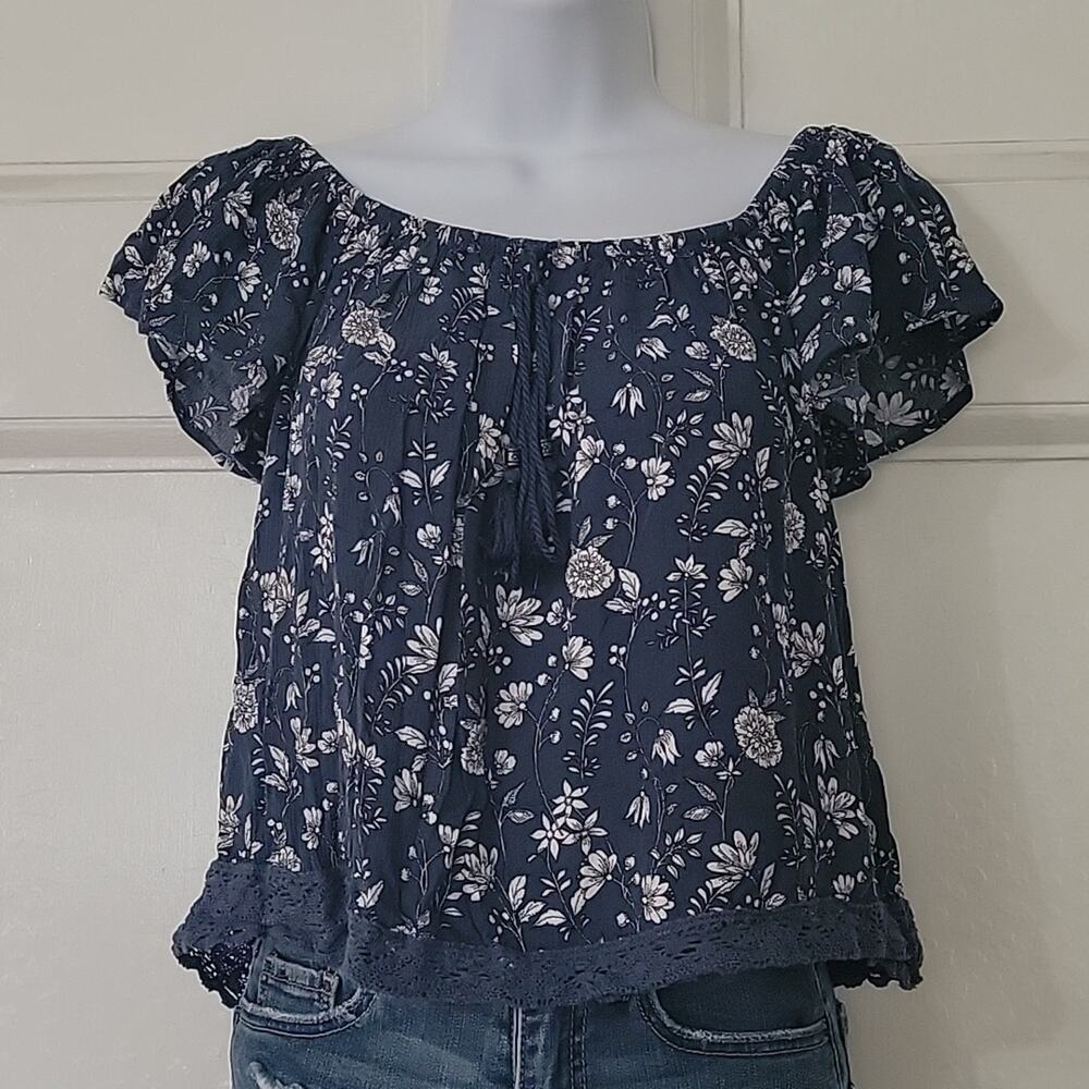 Women's Blue Floral, wide-neck Blouse Aeropostale Sz S